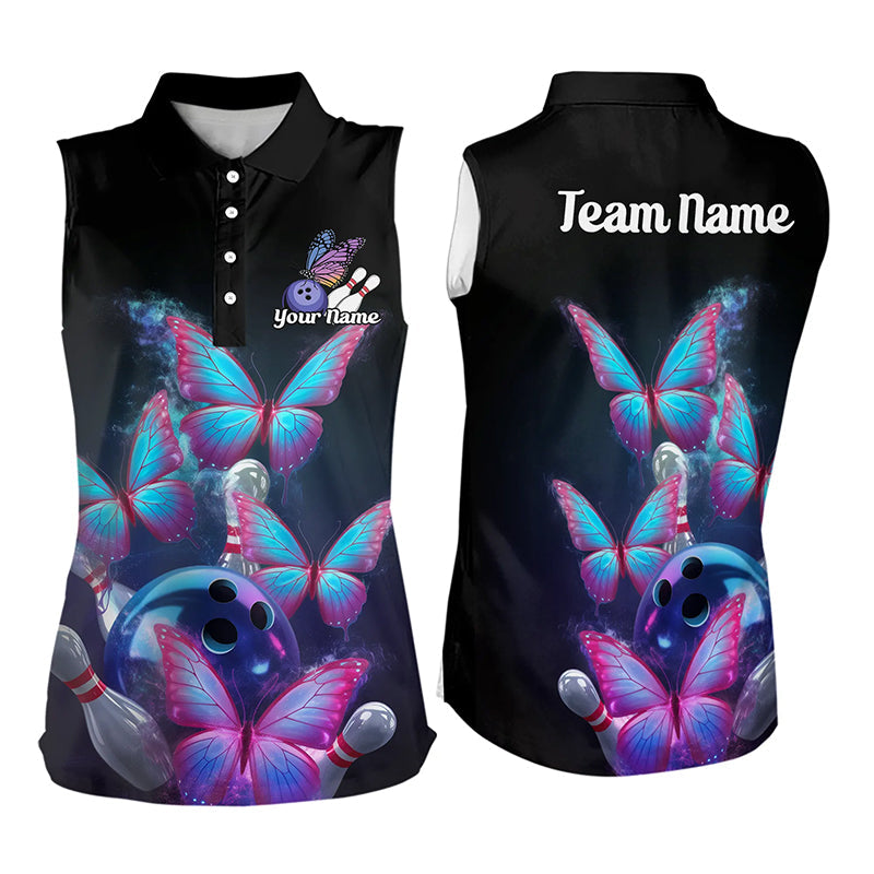 Custom Blue And Purple Butterfly Bowling Sleeveless Polo Shirts For Women, Bowling Team Shirt IPHW8149