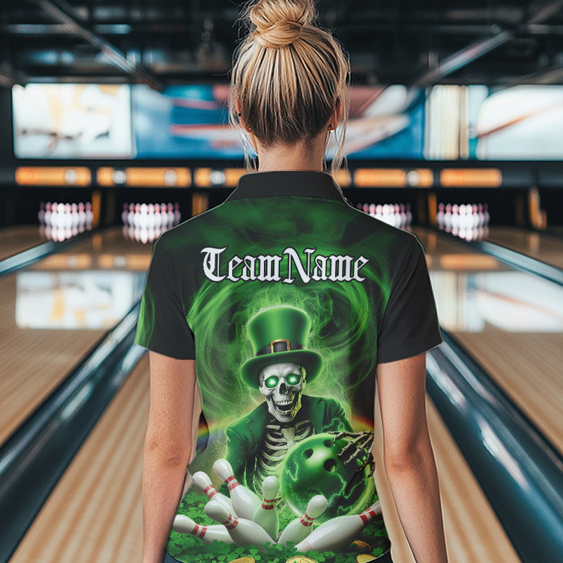 Custom Green St Patricks Day Skull Bowling Polo Shirts For Women, Shamrock Bowling Shirt IPHW8377