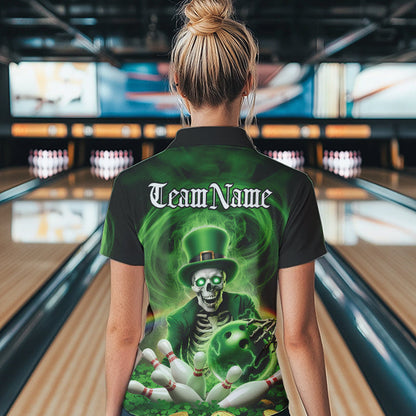 Custom Green St Patricks Day Skull Bowling Polo Shirts For Women, Shamrock Bowling Shirt IPHW8377