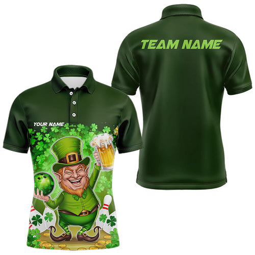 Funny Leprechaun And Beer Custom St Patricks Day Bowling Polo Shirts For Men, Irish Bowling IPHW8382