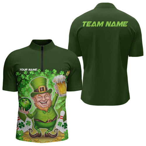 Funny Leprechaun And Beer Custom St Patricks Day Bowling Quarter-Zip Shirts For Men, Irish Bowling IPHW8382