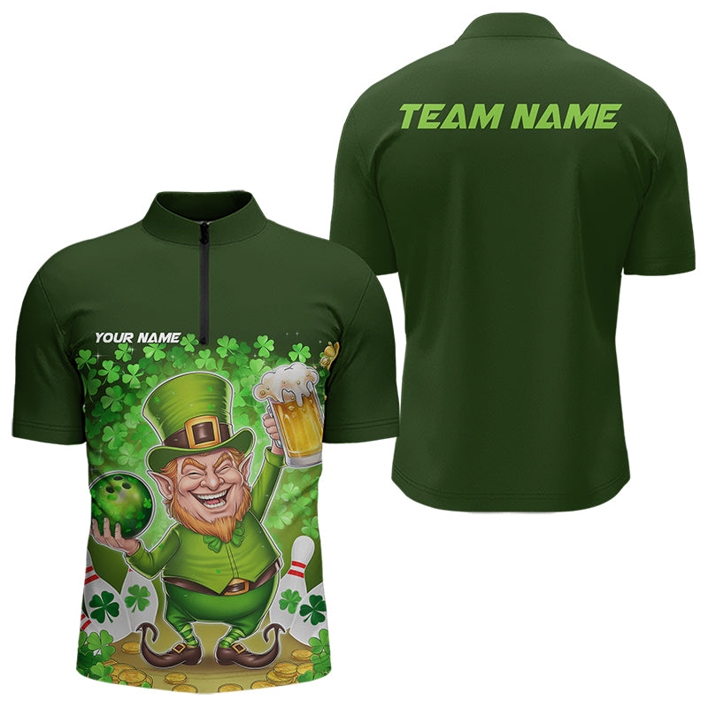 Funny Leprechaun And Beer Custom St Patricks Day Bowling Quarter-Zip Shirts For Men, Irish Bowling IPHW8382