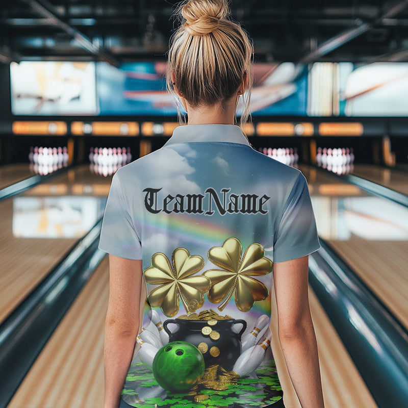 Custom Saint Patricks Day Bowling Polo Team Shirts For Women, Lucky Bowling League Shirt IPHW8573