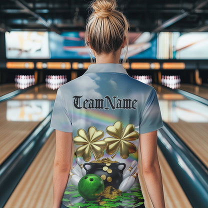 Custom Saint Patricks Day Bowling Polo Team Shirts For Women, Lucky Bowling League Shirt IPHW8573