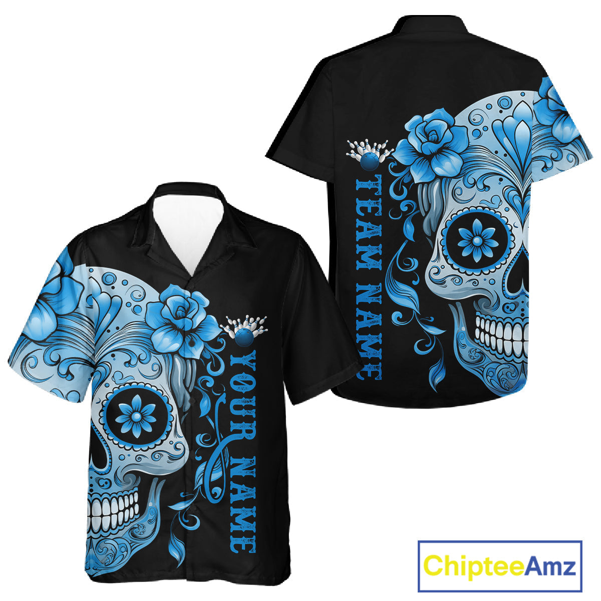 Blue Sugar Skull Tattoo Custom Men And Women Bowling Hawaiian Shirt, Halloween Team Bowling Jerseys IPHW10723