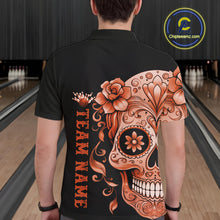 Load image into Gallery viewer, Orange Sugar Skull Tattoo Custom Men Bowling Polo Shirt, Halloween Team Bowling Jerseys IPHW10724