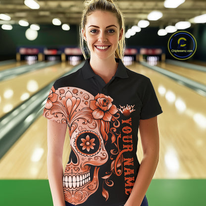 Orange Sugar Skull Tattoo Custom Women Bowling Polo Shirt, Halloween Team Bowling Jerseys IPHW10724