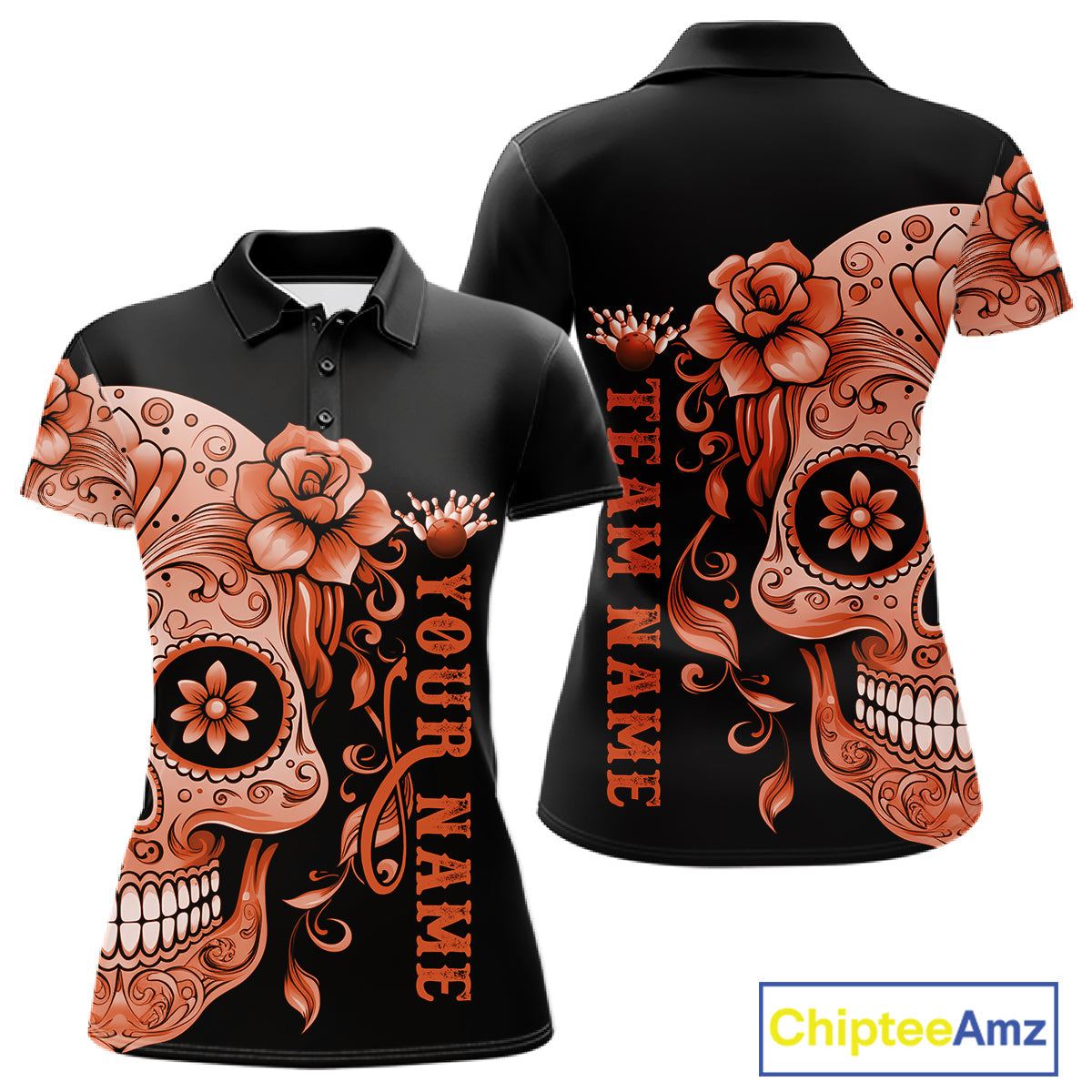 Orange Sugar Skull Tattoo Custom Women Bowling Polo Shirt, Halloween Team Bowling Jerseys IPHW10724
