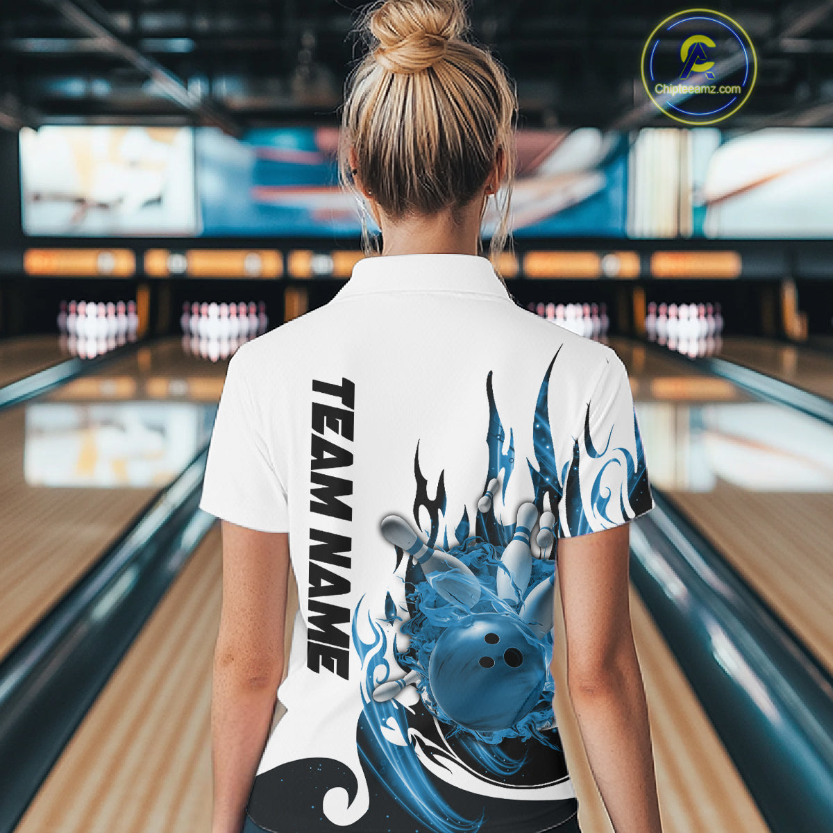 Custom Blue Flame Bowling Team Jerseys, Bowling League Polo Shirt For Women IPHW10725