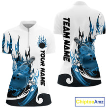 Load image into Gallery viewer, Custom Blue Flame Bowling Team Jerseys, Bowling League Quarter-Zip Shirt For Women IPHW10725