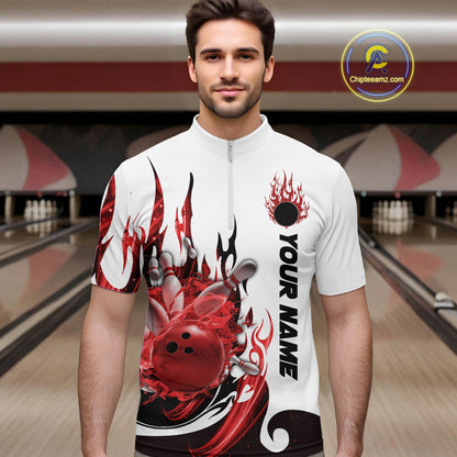 Custom Red Flame Bowling Team Jerseys, Bowling League Quarter-Zip Shirt For Men IPHW10727