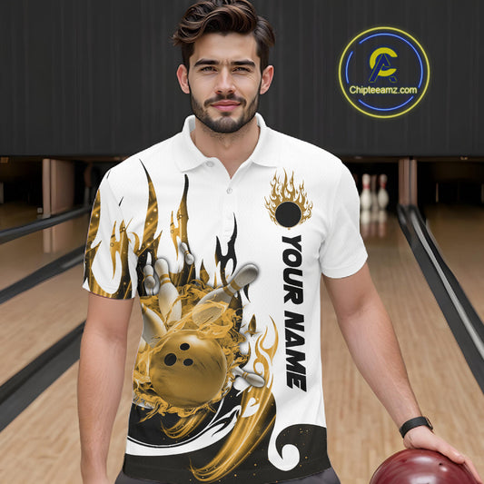 Custom Yellow Flame Bowling Team Jerseys, Bowling League Polo Shirt For Men IPHW10728