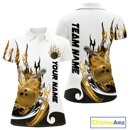 Custom Yellow Flame Bowling Team Jerseys, Bowling League Polo Shirt For Women IPHW10728