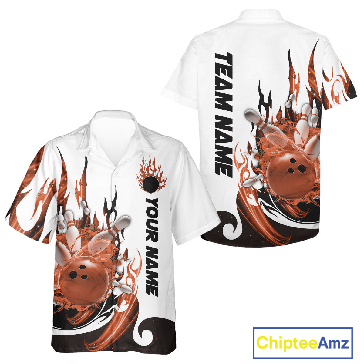 Custom Orange Flame Bowling Team Jerseys, Bowling League Hawaiian Shirt For Men And Women IPHW10729