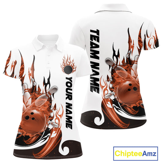 Custom Orange Flame Bowling Team Jerseys, Bowling League Polo Shirt For Women IPHW10729