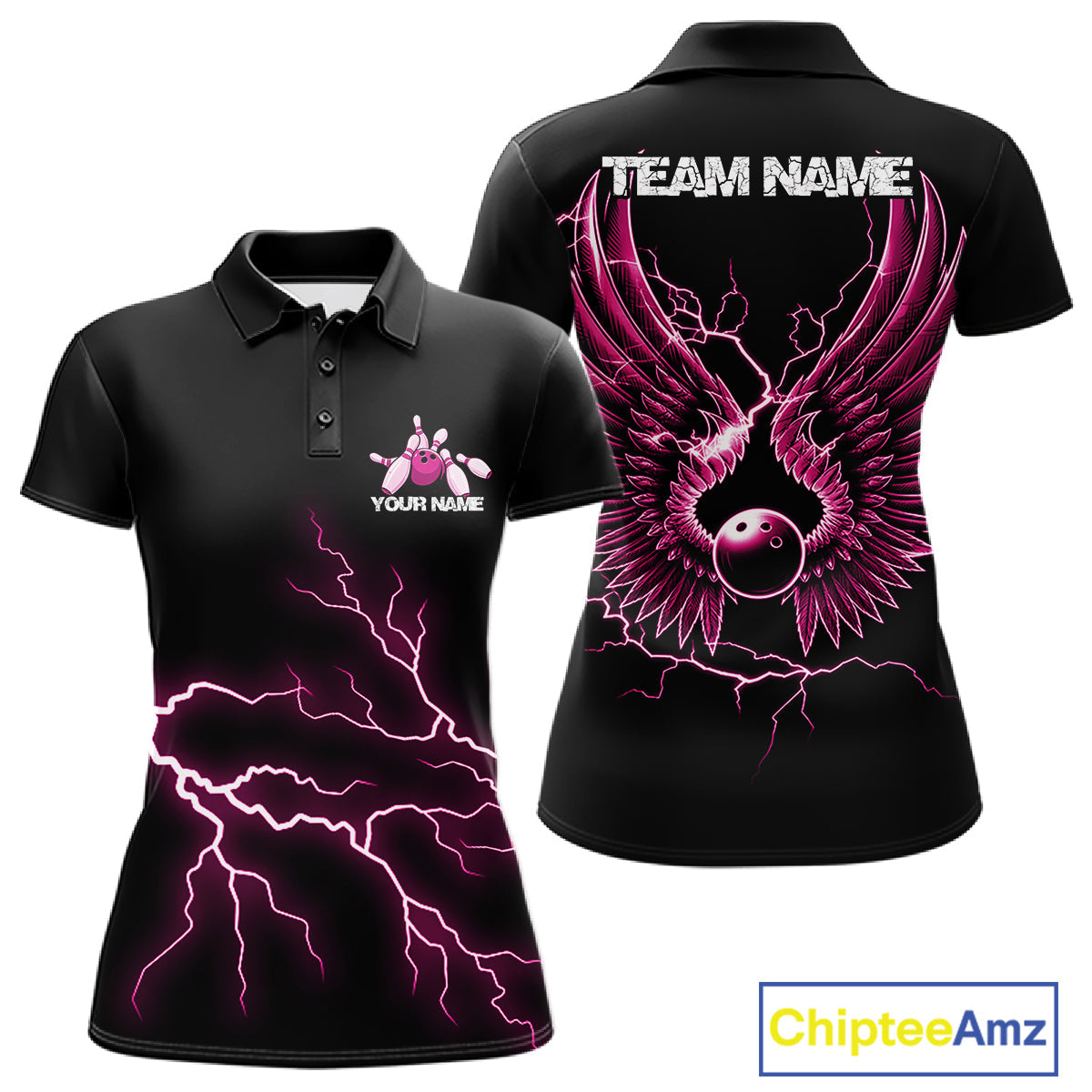 Custom Pink Lightning Bowling Ball With Wings Bowling Women Team Shirt, Bowling Jerseys IPHW10731