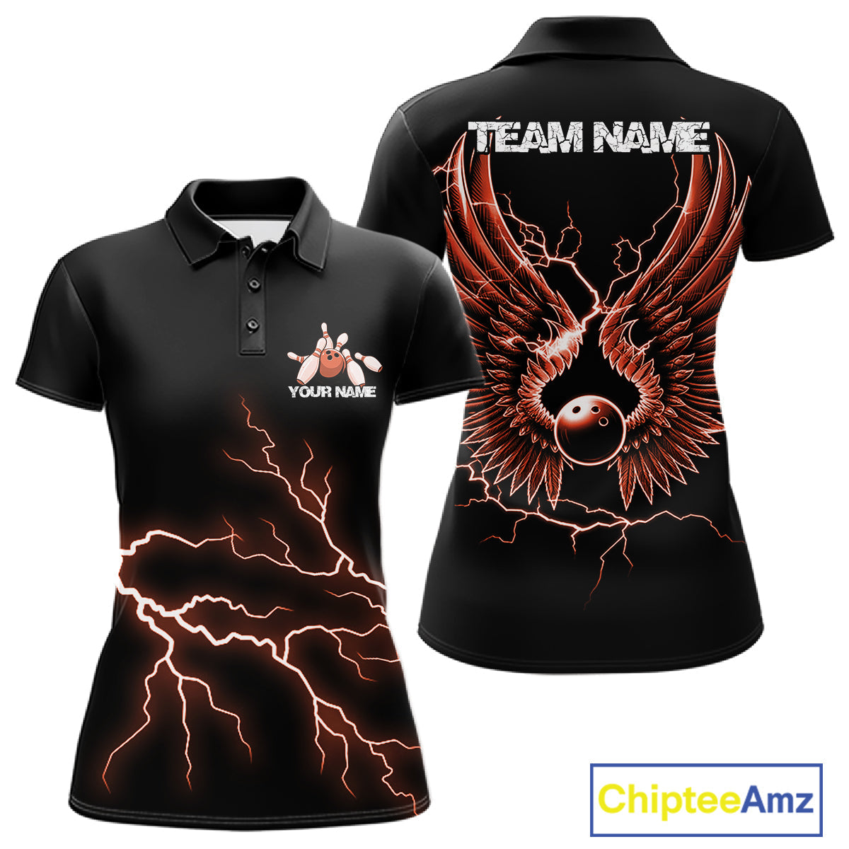 Custom Orange Lightning Bowling Ball With Wings Bowling Women Team Shirt, Bowling Jerseys IPHW10733