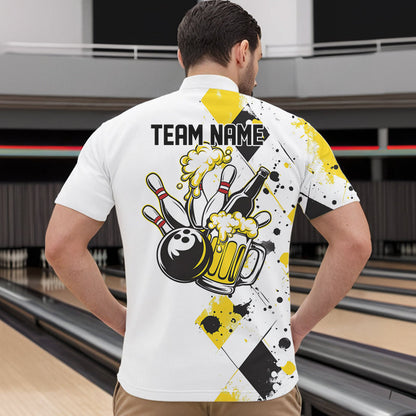 Yellow Argyle Pattern Custom Funny Bowling And Beer Team Quarter-Zip Shirts For Men IPHW8889