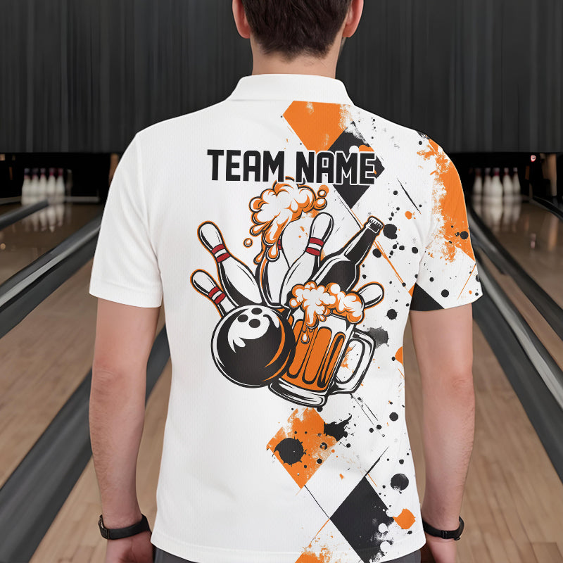 Orange Argyle Pattern Custom Funny Bowling And Beer Team Polo Shirts For Men IPHW8890