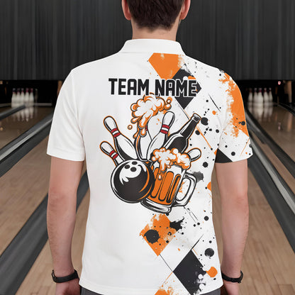 Orange Argyle Pattern Custom Funny Bowling And Beer Team Polo Shirts For Men IPHW8890