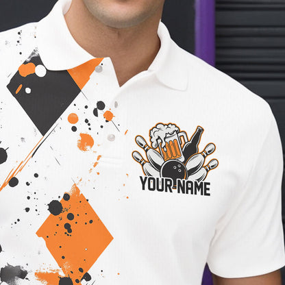 Orange Argyle Pattern Custom Funny Bowling And Beer Team Polo Shirts For Men IPHW8890