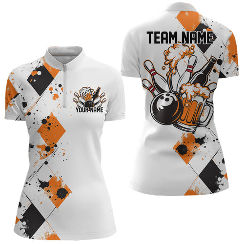Orange Argyle Pattern Custom Funny Bowling And Beer Team Quarter-Zip Shirts For Women IPHW8890