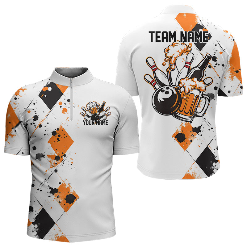 Orange Argyle Pattern Custom Funny Bowling And Beer Team Quarter-Zip Shirts For Men IPHW8890