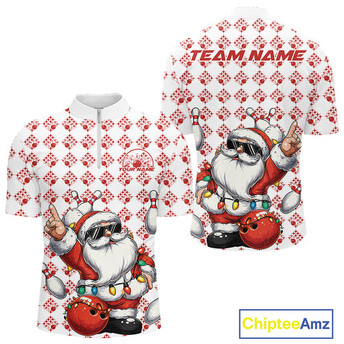 Custom Funny Santa Claus Christmas Bowling Men Quarter-Zip Shirts, Xmas Bowling Team Shirt IPHW10111
