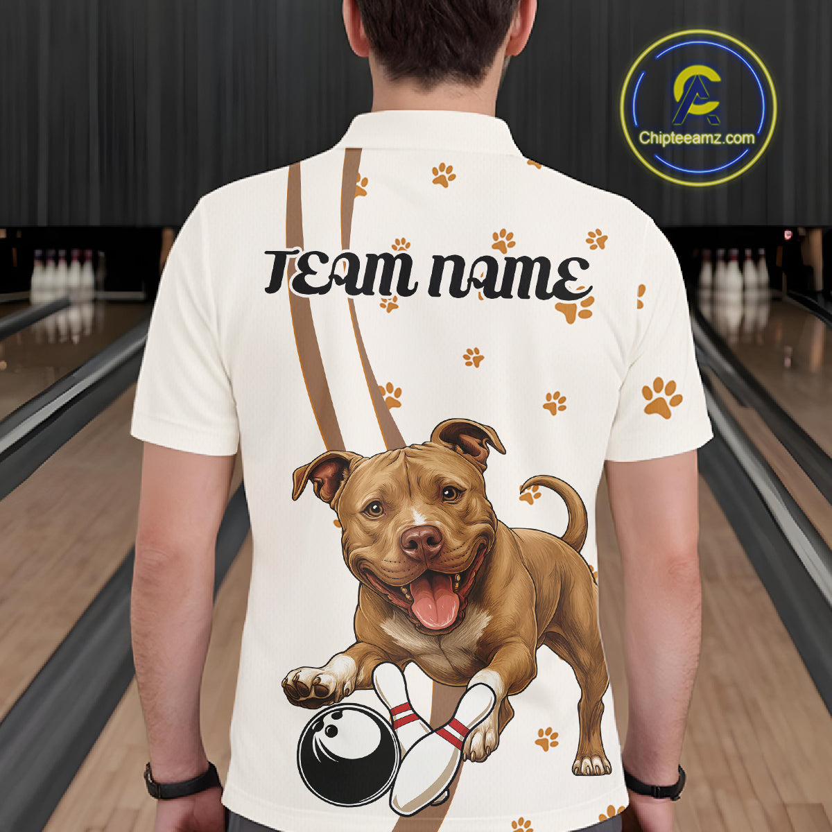 Custom Funny Brown Pitbull Dog Bowling Men Polo Shirts, Dog Paw Print Bowler Outfit IPHW10248