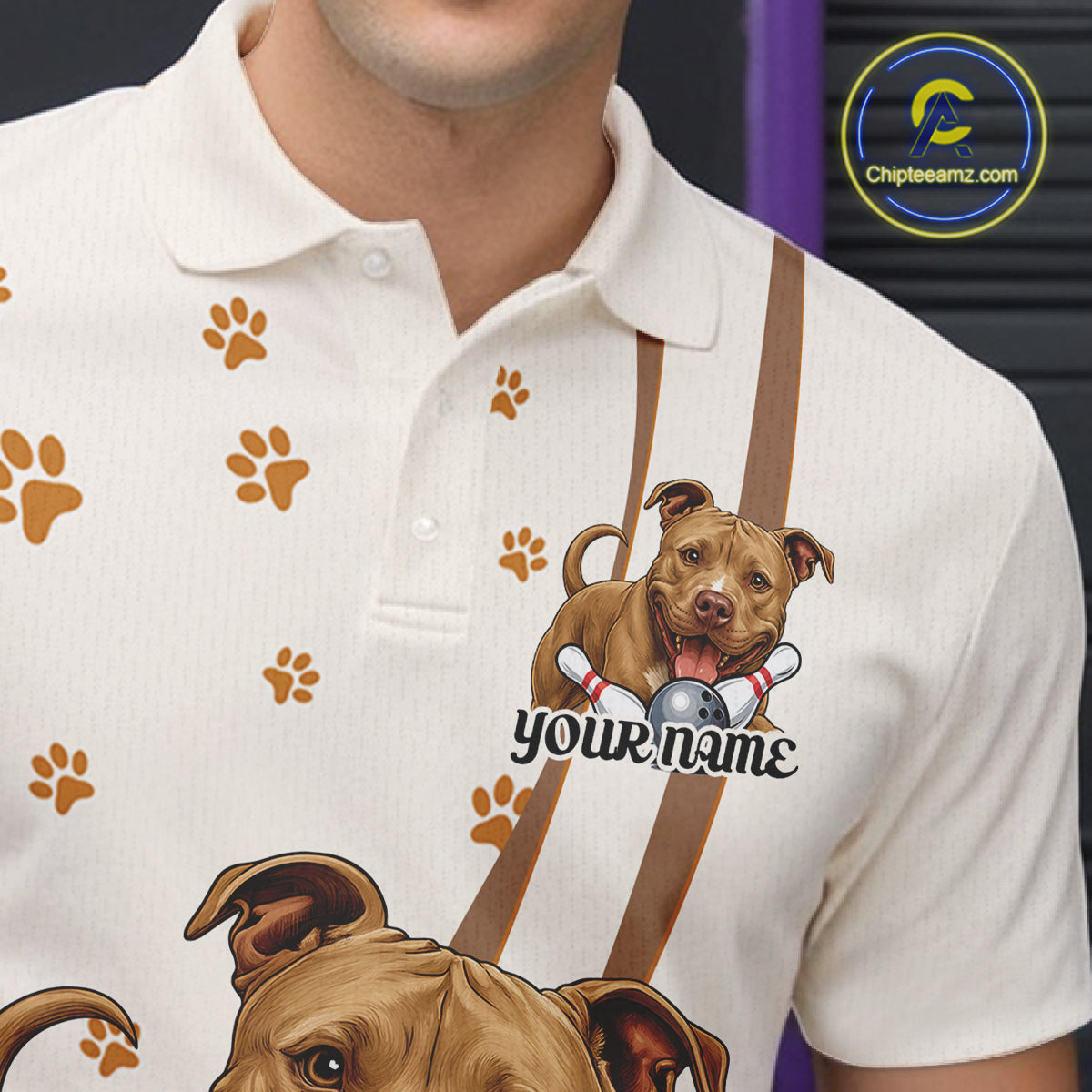 Custom Funny Brown Pitbull Dog Bowling Men Polo Shirts, Dog Paw Print Bowler Outfit IPHW10248