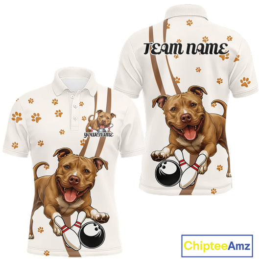 Custom Funny Brown Pitbull Dog Bowling Men Polo Shirts, Dog Paw Print Bowler Outfit IPHW10248
