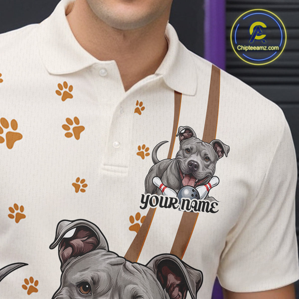 Custom Funny Pitbull Dog Bowling Men Polo Shirts, Dog Paw Print Bowler Outfit IPHW10249