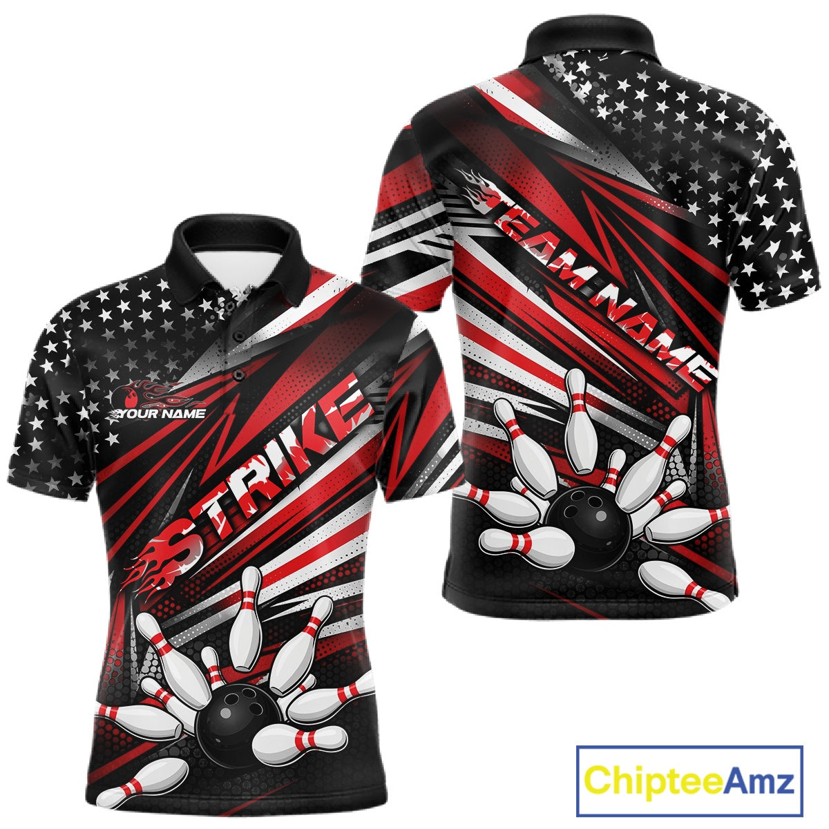 Custom Black And Red US Flag Patriotic Strike Bowling Team Shirt, Freedom Bowling League Shirt Bowler Jerseys IPHW10457