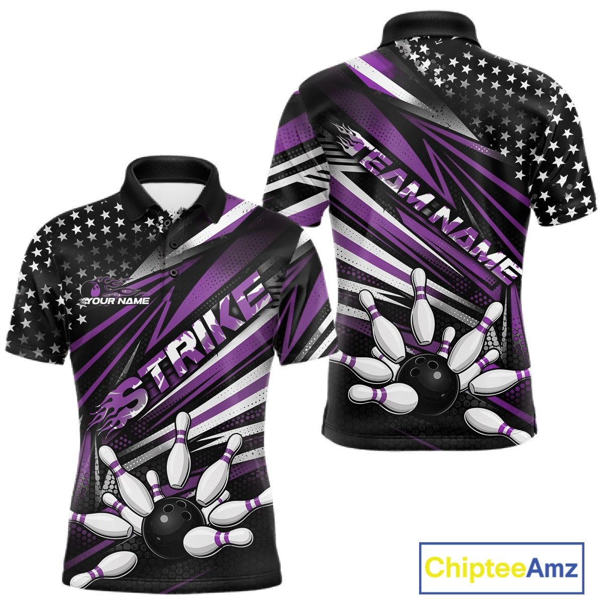 Custom Black And Purple US Flag Patriotic Strike Bowling Team Shirt, Freedom Bowling League Shirt Bowler Jersey IPHW10461