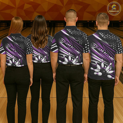 Custom Black And Purple US Flag Patriotic Strike Bowling Team Shirt, Freedom Bowling League Shirt Bowler Jersey IPHW10461