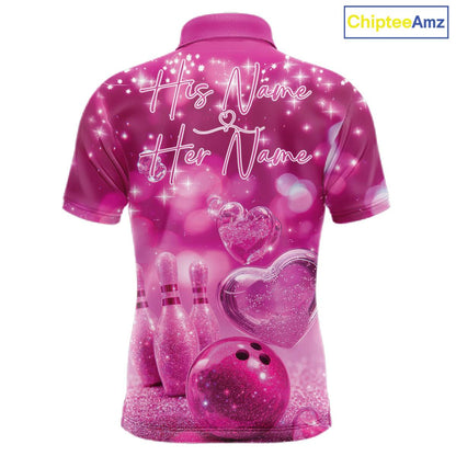 Custom Pink Valentine Bowling Couple Shirts, Pink Heart Theme Bowling Jerseys With His Name And Her Name IPHW10466