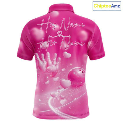 Custom Pink Valentine Bowling Couple Shirts, Pink Heart Theme Bowling Jerseys With His Name And Her Name IPHW10468