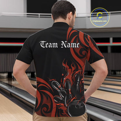 Custom Black And Orange Tribal Flame Bowling Men Shirt, Bowling League Shirt Team Jerseys IPHW10738