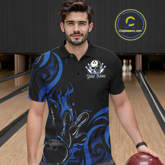 Custom Black And Blue Tribal Flame Bowling Men Shirt, Bowling League Shirt Team Jerseys IPHW10740