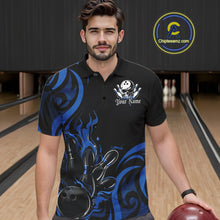 Load image into Gallery viewer, Custom Black And Blue Tribal Flame Bowling Men Shirt, Bowling League Shirt Team Jerseys IPHW10740