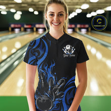 Load image into Gallery viewer, Custom Black And Blue Tribal Flame Bowling Women Shirt, Bowling League Team Jerseys IPHW10740