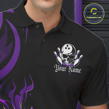 Load image into Gallery viewer, Custom Black And Purple Tribal Flame Bowling Men Shirt, Bowling League Shirt Team Jerseys IPHW10741