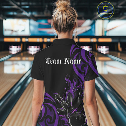 Custom Black And Purple Tribal Flame Bowling Women Shirt, Bowling League Shirt Team Jerseys IPHW10741