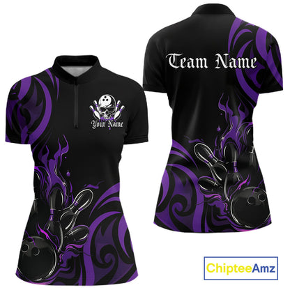 Custom Black And Purple Tribal Flame Bowling Women Shirt, Bowling League Team Jerseys IPHW10741