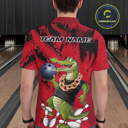 Red Custom Funny Alligator Bowling Men Polo Shirt, Bowling Team Jerseys Bowler Outfit IPHW10772