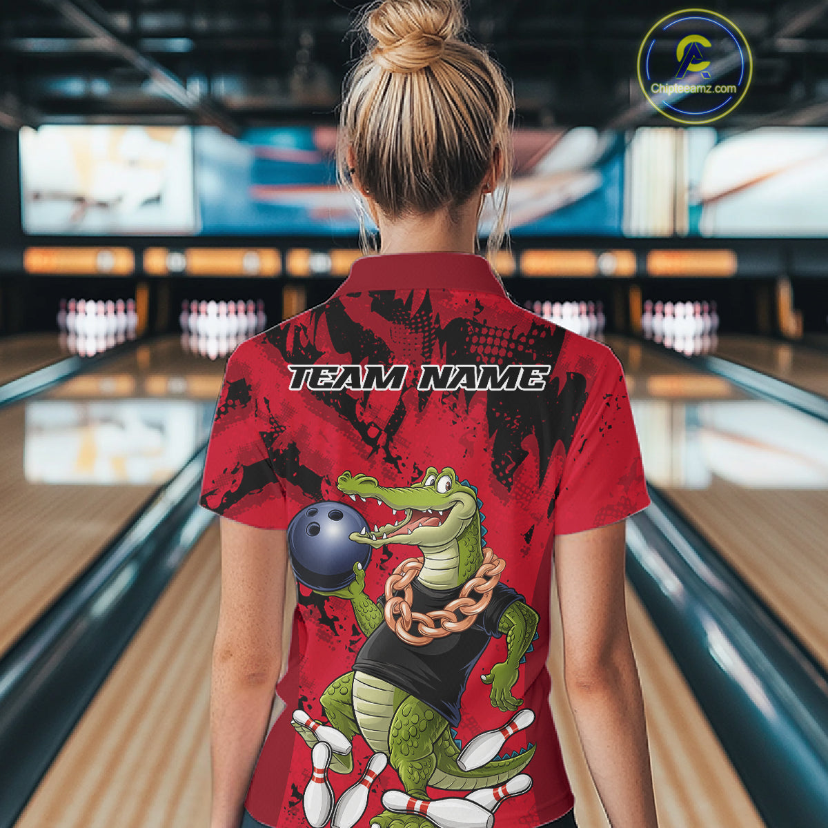 Red Custom Funny Alligator Bowling Women Polo Shirt, Bowling Team Jerseys Bowler Outfit IPHW10772