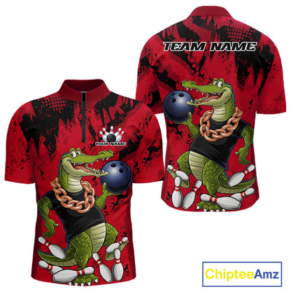 Red Custom Funny Alligator Bowling Men Quarter-Zip Shirt, Bowling Team Jerseys Bowler Outfit IPHW10772