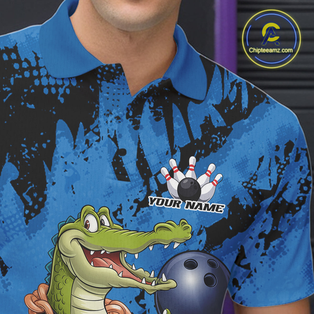 Blue Custom Funny Alligator Bowling Men Polo Shirt, Bowling Team Jerseys Bowler Outfit IPHW10773