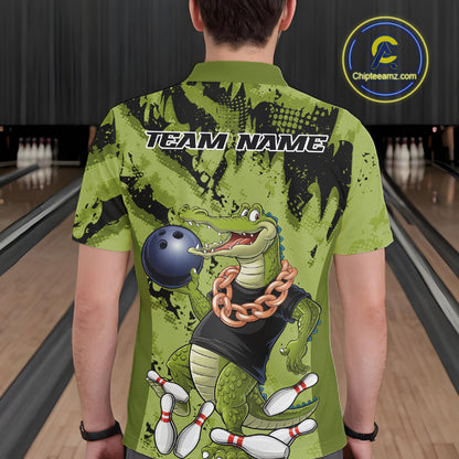 Green Custom Funny Alligator Bowling Men Polo Shirt, Bowling Team Jerseys Bowler Outfit IPHW10774