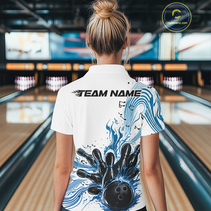 Back view of a female model wearing a white and blue bowling quarter-zip shirt displaying music-inspired bowling artwork.